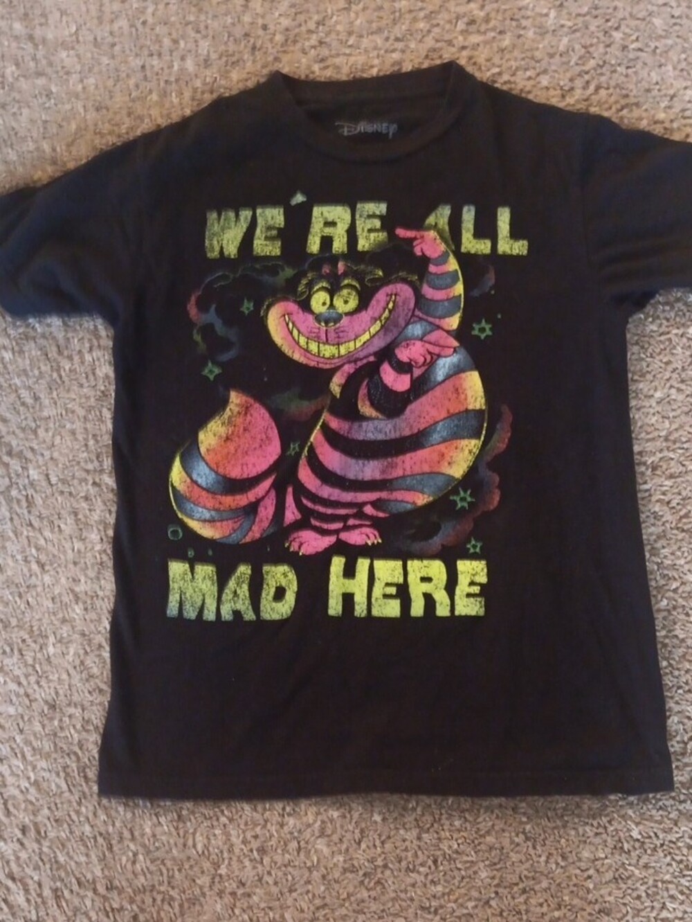 Disney Black Tee with Neon Pink and Yellow Cheshire Cat Graphic